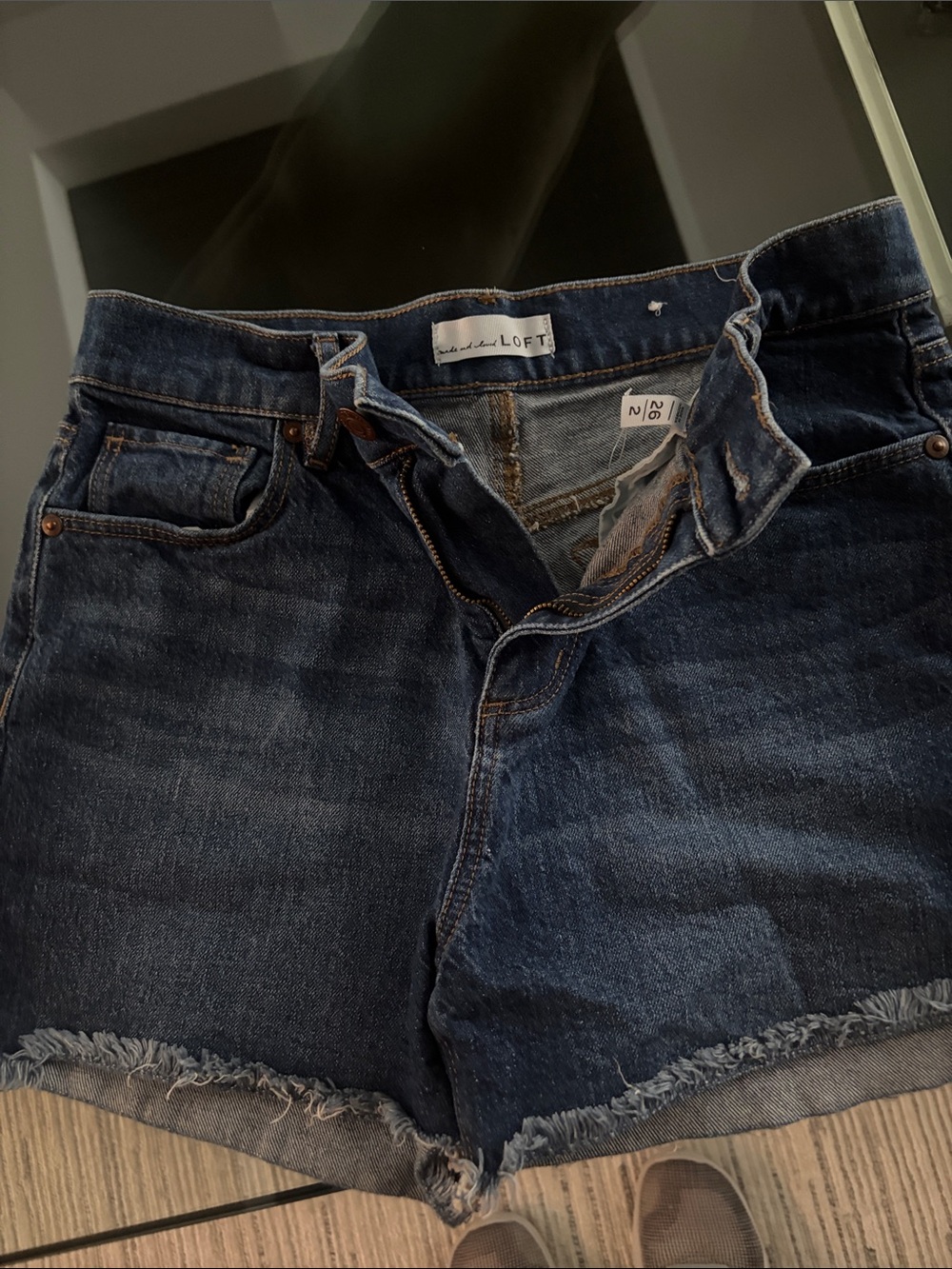 LOFT Dark Blue Frayed Hem Denim Shorts